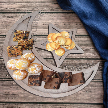 Подноси за Байрам Eid Mubarak Дървени подноси с форма на луна и звезда Десертни подноси Рамадан Подноси за сервиране Декорации за сервиране за дома Десертни сладкиши