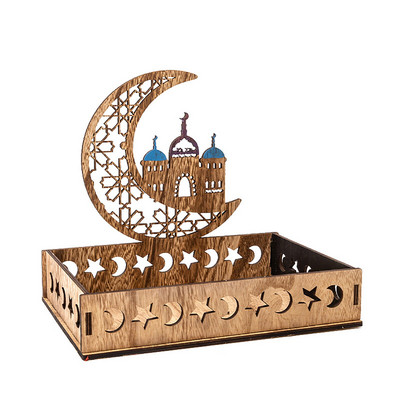 Eid Mubarak fából készült dekoráció Ramadan Party ételtálaló étkészlet Vájt holdcsillag dísz desszert tésztatálca kijelző