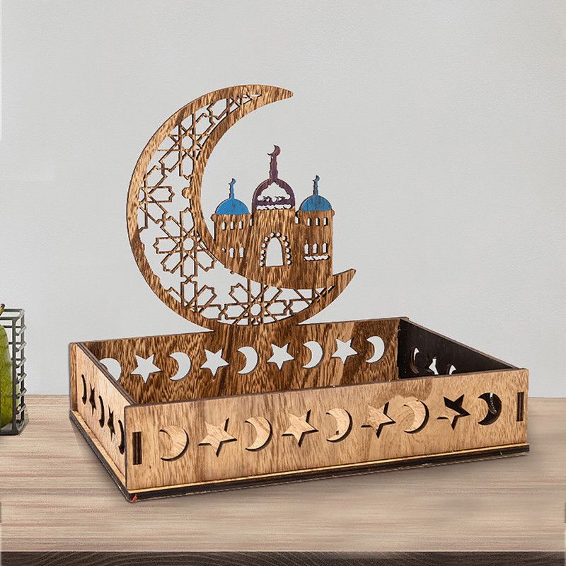 Eid Mubarak fából készült dekoráció Ramadan Party ételtálaló étkészlet Vájt holdcsillag dísz desszert tésztatálca kijelző