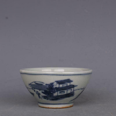 Kineska Qing Guangxu plavo-bijela porculanska zdjela za šalicu s ručno oslikanim likom