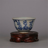 Čínsky porcelán Ming Blue and White s motívom ôsmich nesmrteľných, šálka na čaj, 3,1 palca