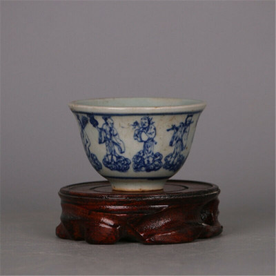 Čínsky porcelán Ming Blue and White s motívom ôsmich nesmrteľných, šálka na čaj, 3,1 palca