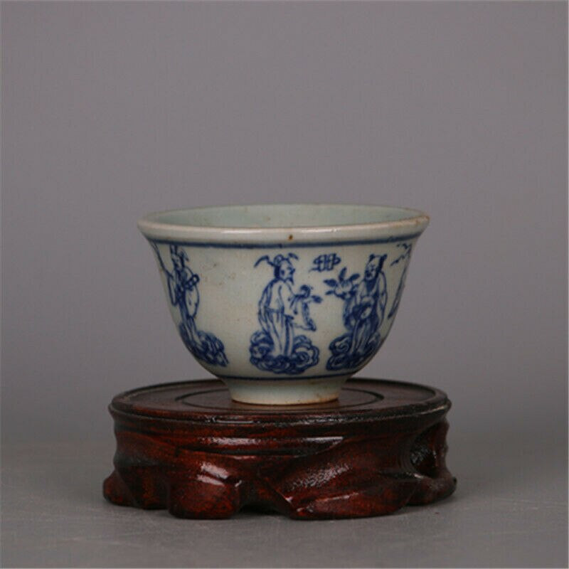 Čínsky porcelán Ming Blue and White s motívom ôsmich nesmrteľných, šálka na čaj, 3,1 palca