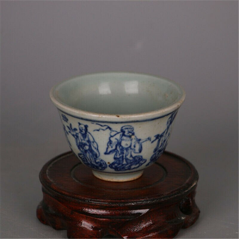Čínsky porcelán Ming Blue and White s motívom ôsmich nesmrteľných, šálka na čaj, 3,1 palca