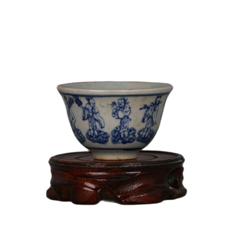 Čínsky porcelán Ming Blue and White s motívom ôsmich nesmrteľných, šálka na čaj, 3,1 palca
