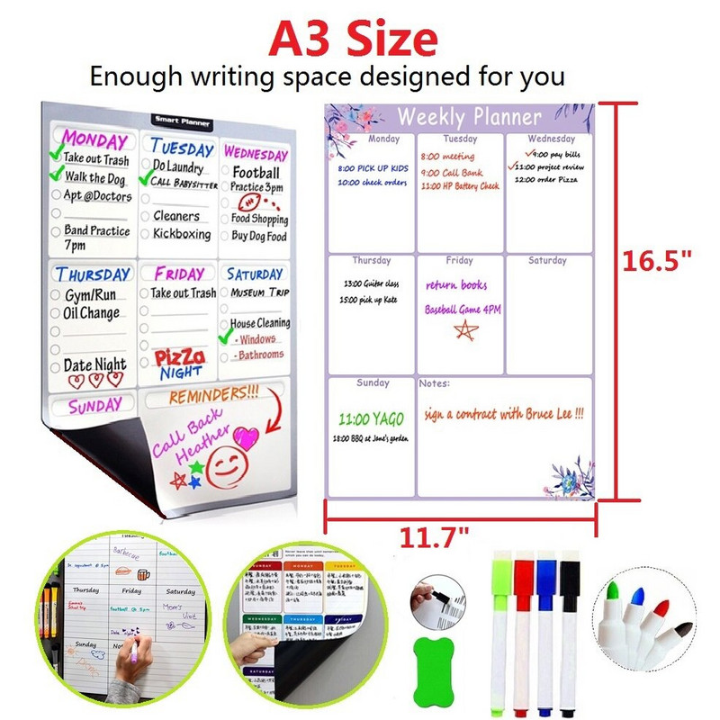 Tablă albă magnetică flexibilă șters uscată pentru frigider, calendar, panou, organizator pentru frigider, bucătărie, tablă săptămânală pentru planificarea mesei