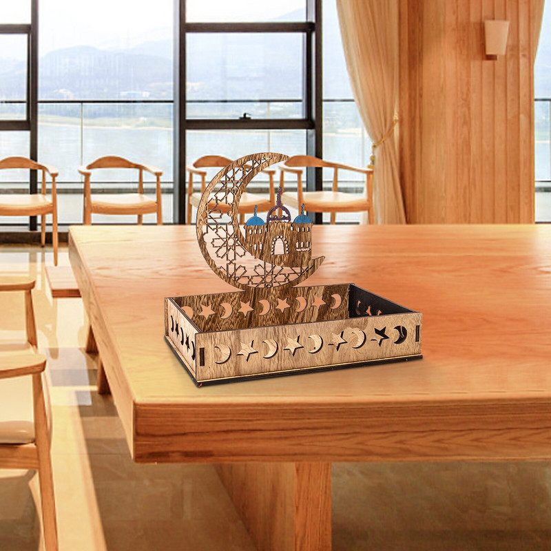 Eid Mubarak Tavă de desert Tavi de servire Ramadan din lemn Suport de prezentare pentru patiserie Tavă cu semilună Ornament de decorare pentru islam