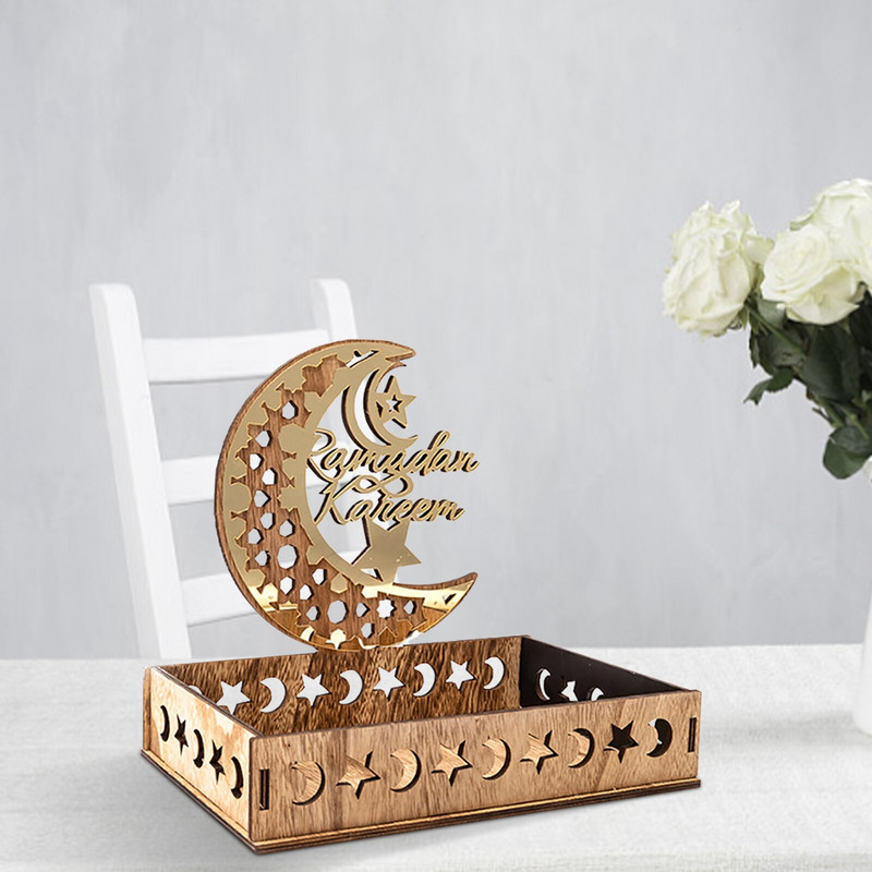 Eid Mubarak Tavă de desert Tavi de servire Ramadan din lemn Suport de prezentare pentru patiserie Tavă cu semilună Ornament de decorare pentru islam