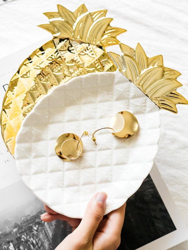Frunze de ananas din ceramică Vasă de bijuterii Aur Argintiu Alb Negru Cercei Inel Farfurie decorativă Tavă de desert Boluri
