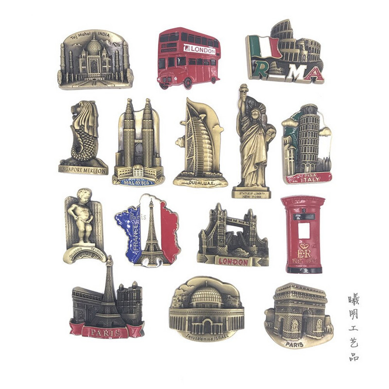 Aukštos kokybės metalas Prancūzija JAV Italija Dubajus Malaizija Indija Izraelis Šaldytuvas Magnetai Turistiniai Suvenyrai Šaldytuvas Magnetiniai lipdukai