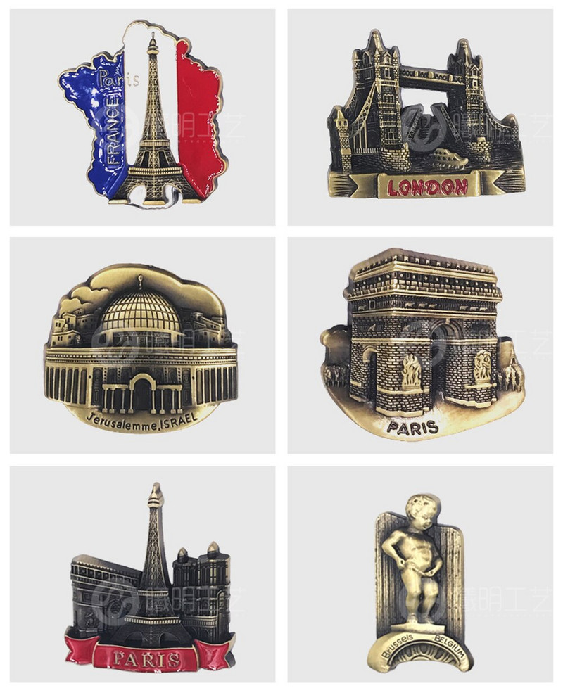 Aukštos kokybės metalas Prancūzija JAV Italija Dubajus Malaizija Indija Izraelis Šaldytuvas Magnetai Turistiniai Suvenyrai Šaldytuvas Magnetiniai lipdukai