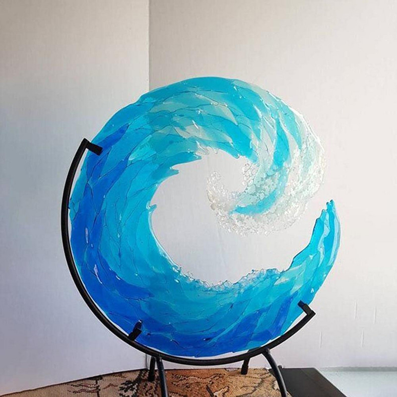 Ocean Wave olvasztott üveg szobor színátmenet, kék hullám szobor Dísz dekoráció hullámok alakzat gyanta kézművesség otthoni dekorációhoz