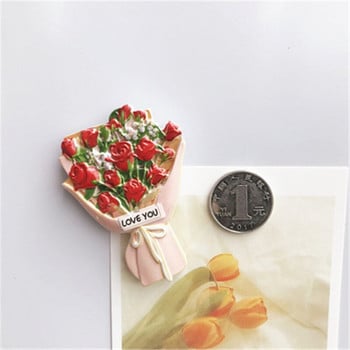 3D стерео стикер от смола за хладилник Симулация на розов карамфил Букет цветя Мемо Съобщение Магнит Домашен декор