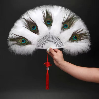 Βεντάλια Peacock Feather Cheongsam Εμφάνιση Ζωντανής Παράστασης Lolita Feather Πτυσσόμενος ανεμιστήρας Gothic Dance Hand Fan Διακόσμηση γαμήλιου πάρτι