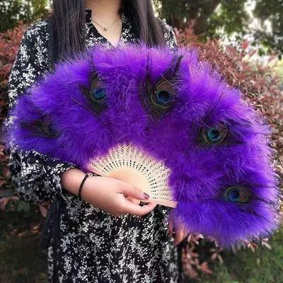 Evantai cu pene de păun, spectacol cheongsam, performanță în direct, evantai pliabil cu pene de Lolita, ventilator de mână, dans gotic, decorare pentru petrecerea de nuntă