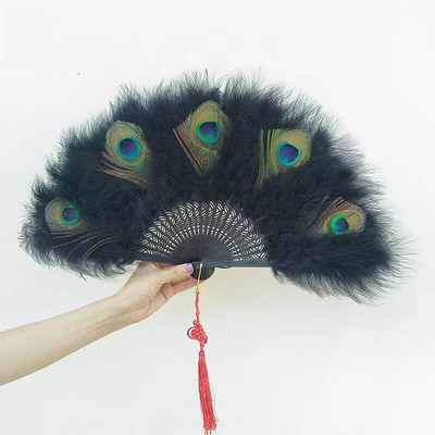 Evantai cu pene de păun, spectacol cheongsam, performanță în direct, evantai pliabil cu pene de Lolita, ventilator de mână, dans gotic, decorare pentru petrecerea de nuntă
