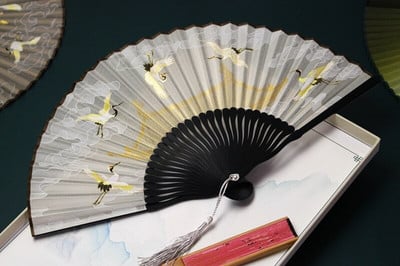 1db összecsukható ventilátor daru dekoratív kézműves bambusz selyem kínai hanfu kiegészítők összecsukható női fényképezés kellékek otthoni díszek ventilátor