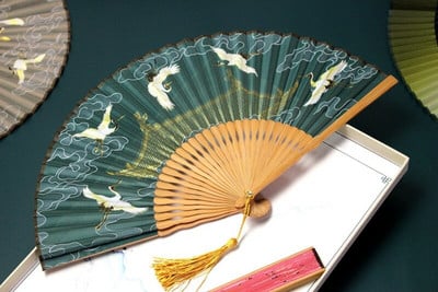 1db összecsukható ventilátor daru dekoratív kézműves bambusz selyem kínai hanfu kiegészítők összecsukható női fényképezés kellékek otthoni díszek ventilátor