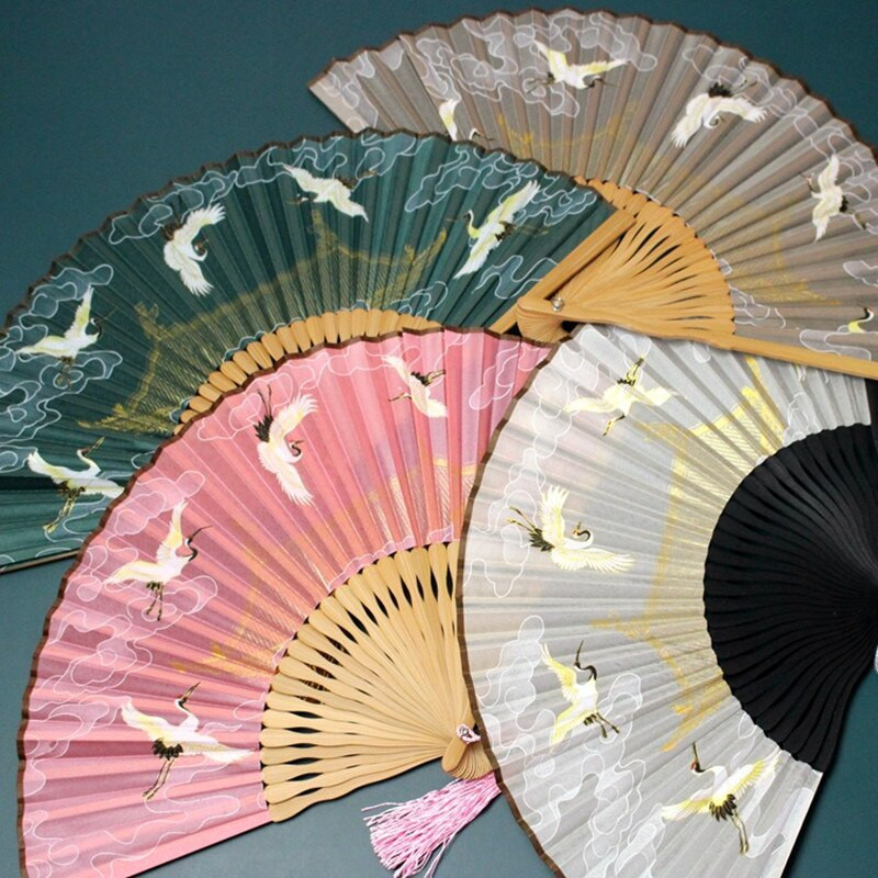 1db összecsukható ventilátor daru dekoratív kézműves bambusz selyem kínai hanfu kiegészítők összecsukható női fényképezés kellékek otthoni díszek ventilátor