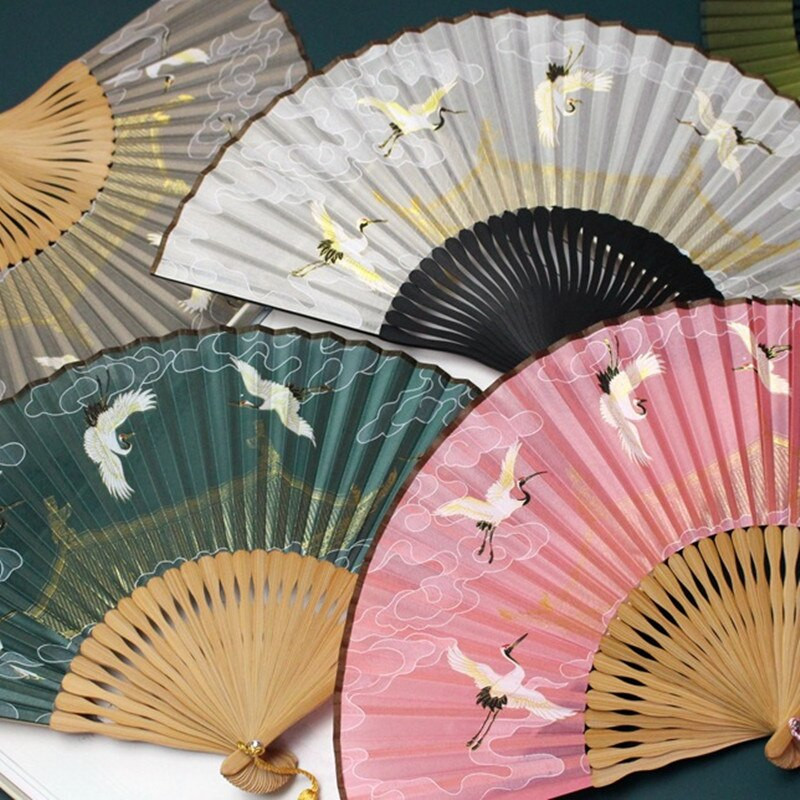 1db összecsukható ventilátor daru dekoratív kézműves bambusz selyem kínai hanfu kiegészítők összecsukható női fényképezés kellékek otthoni díszek ventilátor