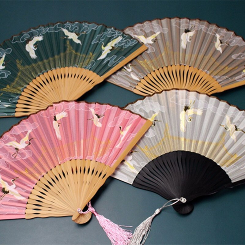 1db összecsukható ventilátor daru dekoratív kézműves bambusz selyem kínai hanfu kiegészítők összecsukható női fényképezés kellékek otthoni díszek ventilátor