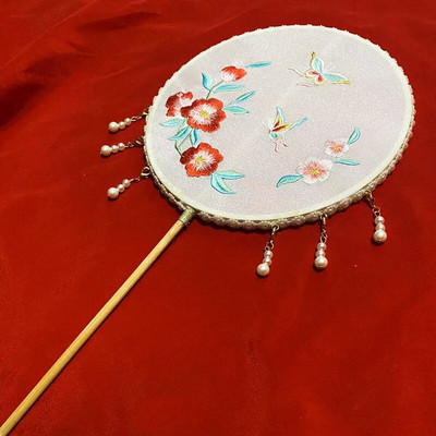 Vintage kerek legyező hosszú nyelű bojt táncoló Hanfu kör alakú legyező ősi kínai stílusú klasszikus nyomtatott udvari kerek legyező esküvő