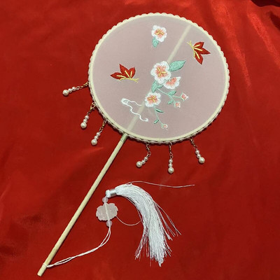Vintage kerek legyező hosszú nyelű bojt táncoló Hanfu kör alakú legyező ősi kínai stílusú klasszikus nyomtatott udvari kerek legyező esküvő