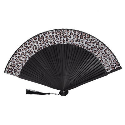 Kézzel készített hordozható kézi ventilátor bambusz bordákkal, leopárdmintás egyszínű Vintage összecsukható ventilátor Japán stílusú esküvői dekoratív ventilátor