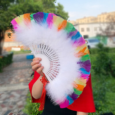 Rainbow Feather Folding Fan Stage Performance Dance Fan Lolita Feather Fan Photography Props Δώρα Διακόσμηση γάμου