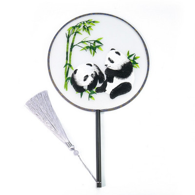 Retro Palace kínai stílusú selyemszövet kétoldalas hímzés Pillangó panda páva bojt hosszú nyelű kézi ventilátor Cheongsam dekor