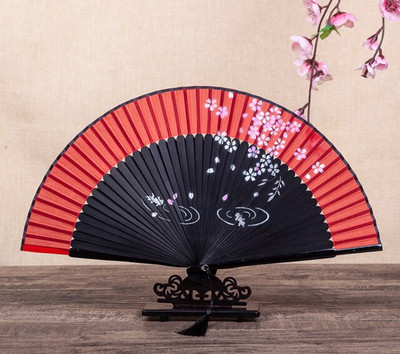 Ventilator pliabil, roșu, pentru femei, pictat manual, în stil chinezesc. Ventilator de dans portabil