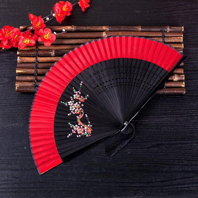 Ventilator pliabil, roșu, pentru femei, pictat manual, în stil chinezesc. Ventilator de dans portabil