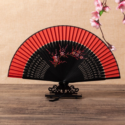 Ventilator pliabil, roșu, pentru femei, pictat manual, în stil chinezesc. Ventilator de dans portabil