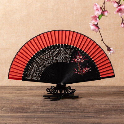 Ventilator pliabil, roșu, pentru femei, pictat manual, în stil chinezesc. Ventilator de dans portabil