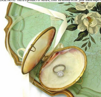 Θήκη δαχτυλιδιού Seashell Clam με λευκή κορδέλα, Μοναδικό κουτί με κοχύλι με δαχτυλίδι, μαξιλάρι για βέρα παραλίας, μαξιλάρι για δαχτυλίδια