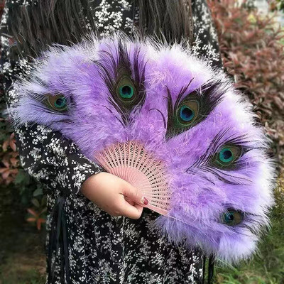 Evantai cu pene de păun, spectacol cheongsam, performanță în direct, evantai pliabil cu pene de Lolita, ventilator de mână, dans gotic, decorare pentru petrecerea de nuntă