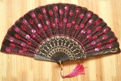 Evantai de mână cu paiete cu model păun decorativ 8 culori