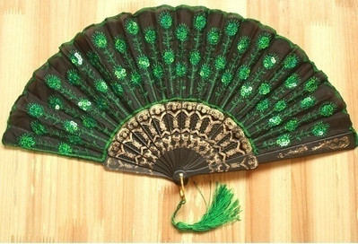 Evantai de mână cu paiete cu model păun decorativ 8 culori