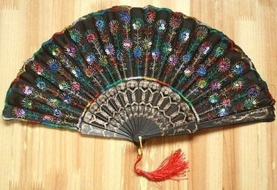 Evantai de mână cu paiete cu model păun decorativ 8 culori