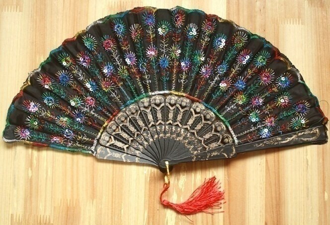 Evantai de mână cu paiete cu model păun decorativ 8 culori