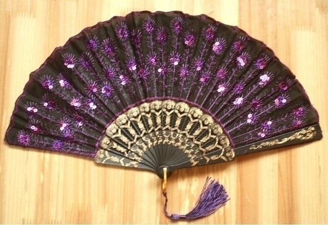 Evantai de mână cu paiete cu model păun decorativ 8 culori