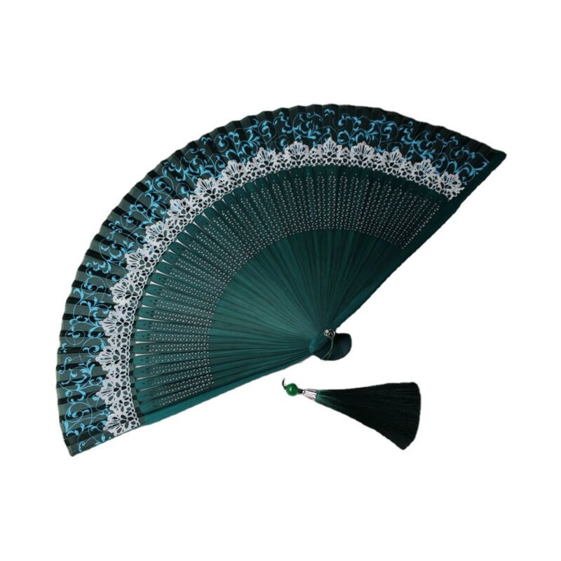Ručna lepeza od bambusa kruna koja mijenja boju Ženska sklopiva lepeza od čipke Sklopiva lepeza za modnu pistu koja mijenja boju Hanfu fotografska lepeza tamno zelena