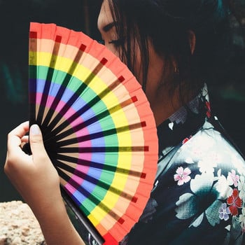 Fan Folding Fans Hand Rainbow Chinese Fabric Handheld Silk Pride Japanese  Party Dancing Photography Performancedance Paper