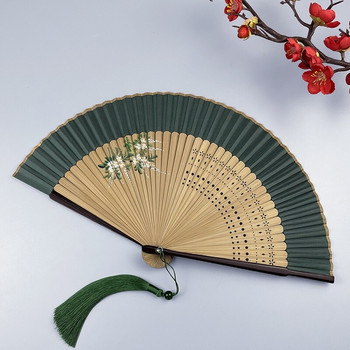 Зелено копринено сгъваемо ветрило в японски стил с бамбукови ребра и ретро печат Начало Декор Парти Танцуващи реквизити