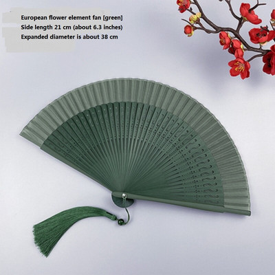 Jaapani stiilis roheline siidist kokkupandav käsiventilaator bambusribide ja retrotrükiga kodukaunistusega peotantsu rekvisiidid
