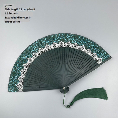 Jaapani stiilis roheline siidist kokkupandav käsiventilaator bambusribide ja retrotrükiga kodukaunistusega peotantsu rekvisiidid