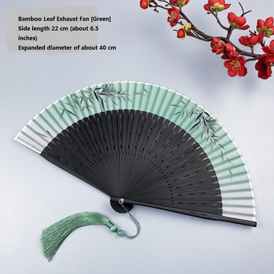 Jaapani stiilis roheline siidist kokkupandav käsiventilaator bambusribide ja retrotrükiga kodukaunistusega peotantsu rekvisiidid