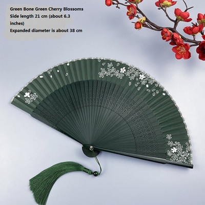 Jaapani stiilis roheline siidist kokkupandav käsiventilaator bambusribide ja retrotrükiga kodukaunistusega peotantsu rekvisiidid