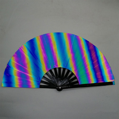 Színátmenet színes fényvisszaverő összecsukható legyező Magic puha szálas szövet ventilátor 33 cm nagy kung fu ventilátor fotózás kellékek táncparti ventilátor