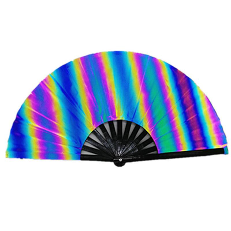 Színátmenet színes fényvisszaverő összecsukható legyező Magic puha szálas szövet ventilátor 33 cm nagy kung fu ventilátor fotózás kellékek táncparti ventilátor